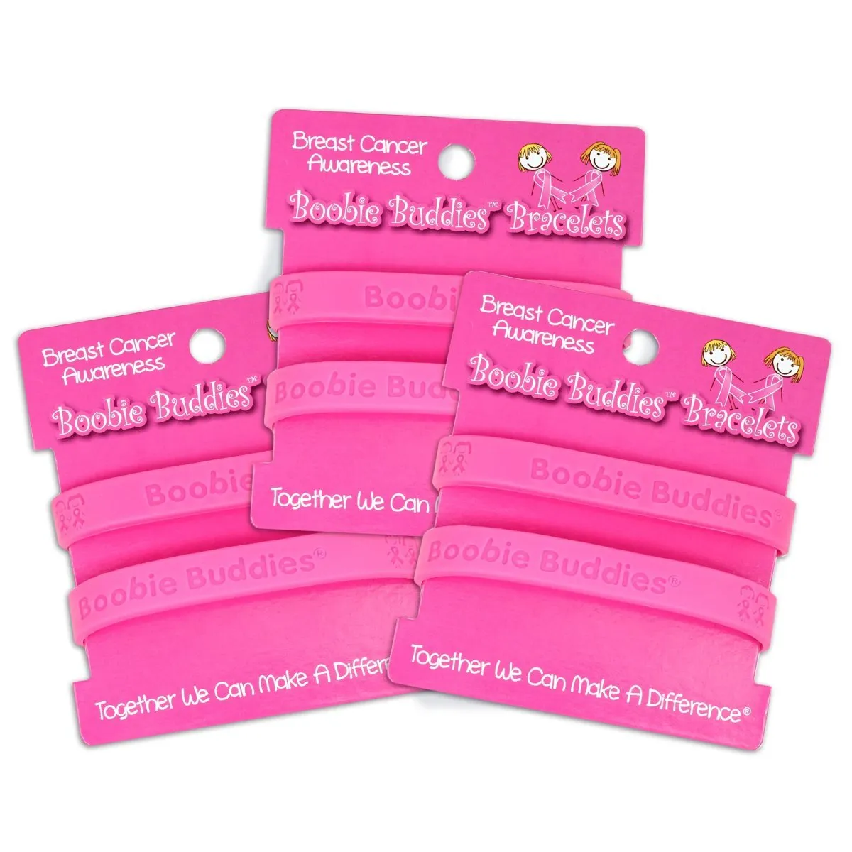 12 Boobie Buddies Hot Pink Silicone Bracelet Wristbands on Peg Cards