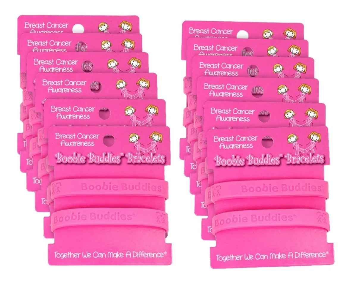 12 Boobie Buddies Hot Pink Silicone Bracelet Wristbands on Peg Cards
