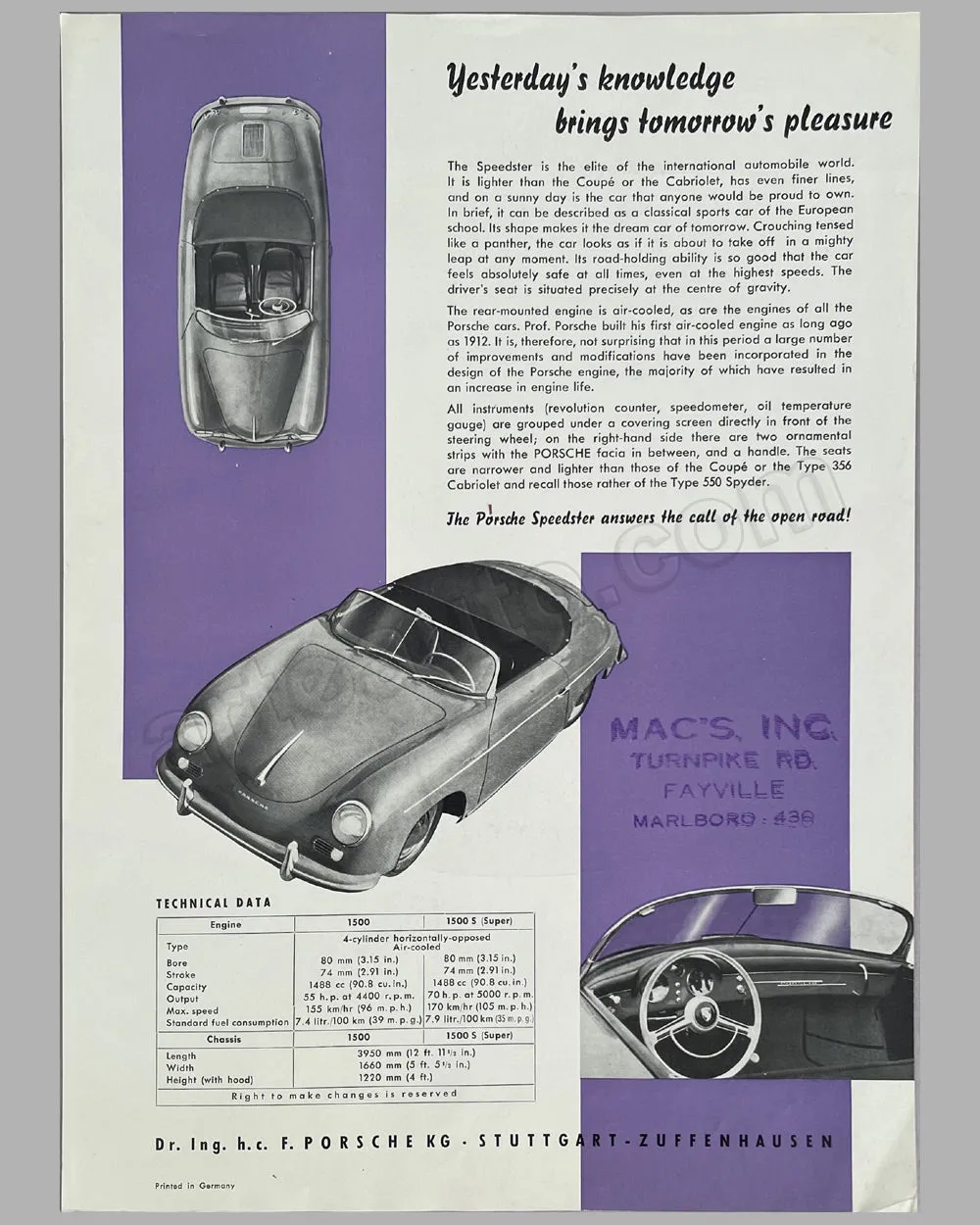 1955 Porsche 356 Speedster Original Factory sales sheet
