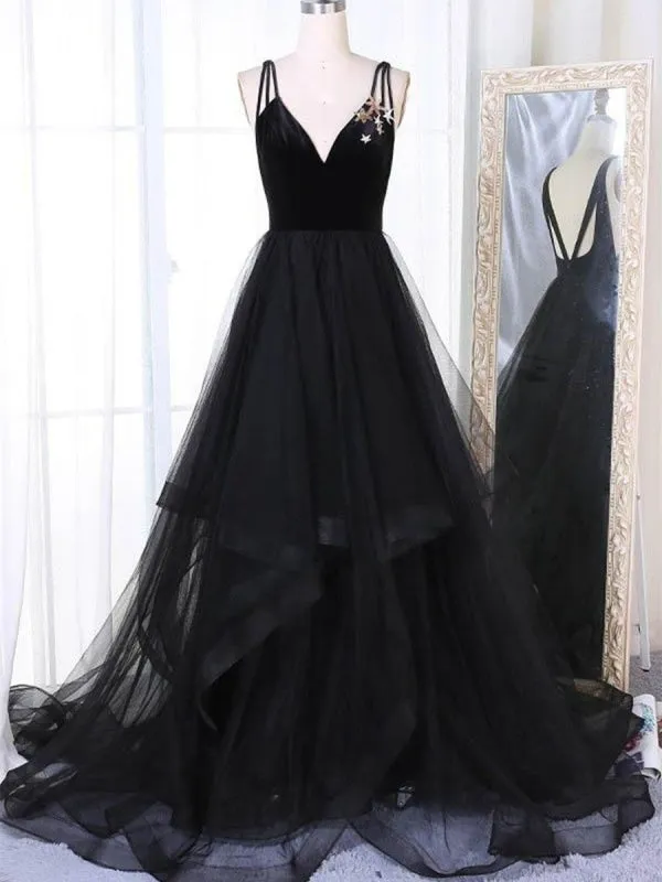 A Line V Neck Tulle Black Ball Gown Black Prom Black Formal