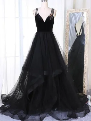 A Line V Neck Tulle Black Ball Gown Black Prom Black Formal
