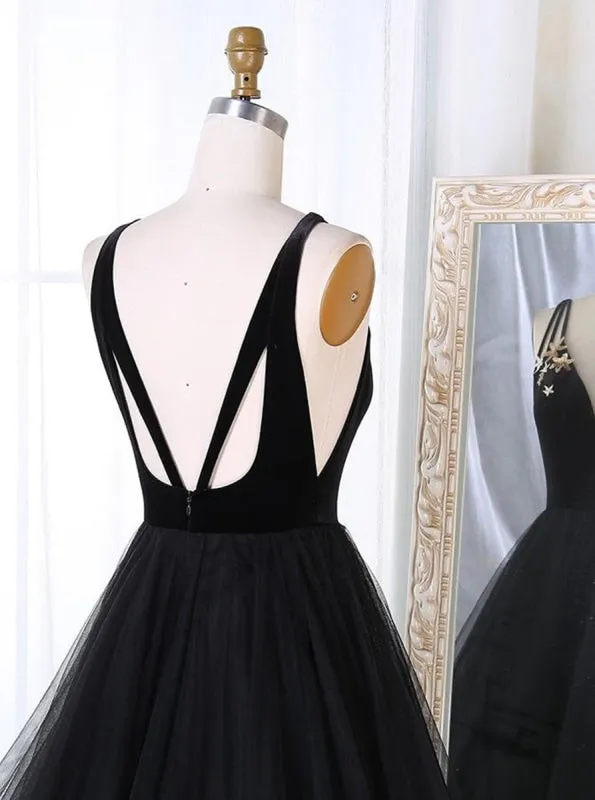A Line V Neck Tulle Black Ball Gown Black Prom Black Formal