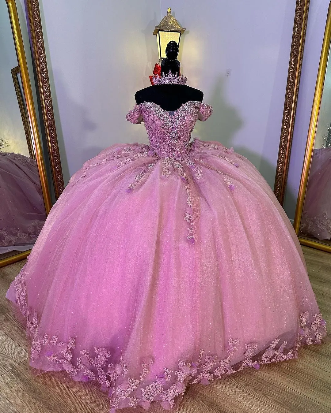 Ball Gown Off Shoulder 3D Flowers Lace Appliques Pink Tulle Quinceanera Dress Princess Evening Party Gown For Sweet 16