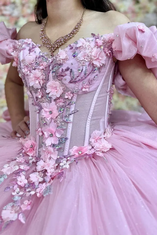 Ball Gown Off Shoulder Ruched Pleated 3D Flowers Appliques Glitter Pink Tulle Quinceanera Dress Princess Birthday Party Dress For Sweet 16