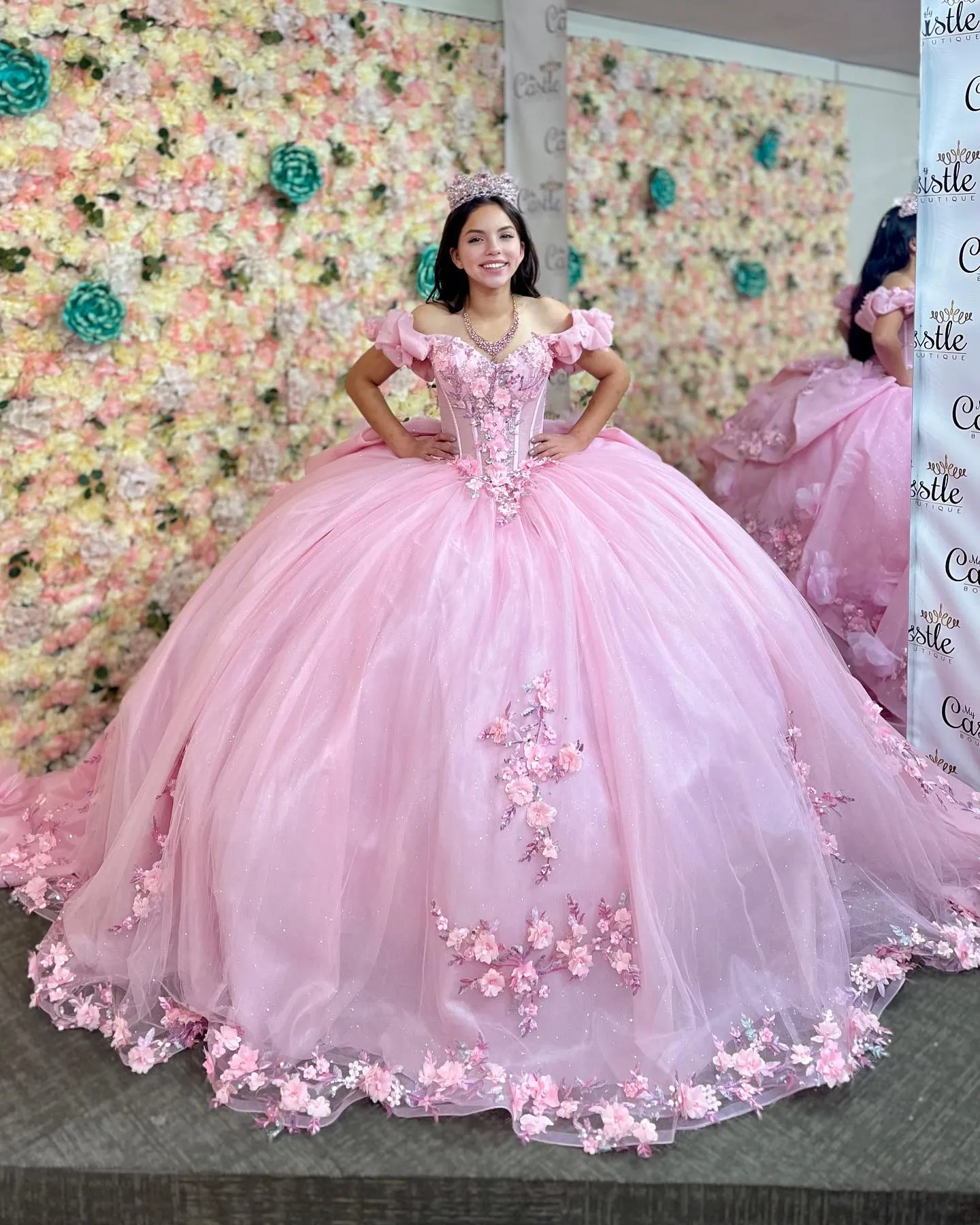 Ball Gown Off Shoulder Ruched Pleated 3D Flowers Appliques Glitter Pink Tulle Quinceanera Dress Princess Birthday Party Dress For Sweet 16