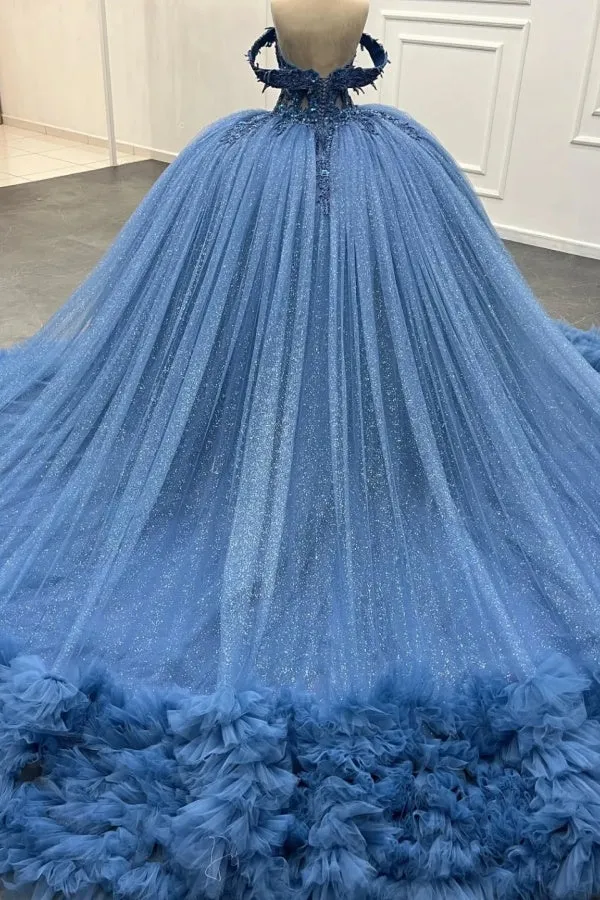 Ball Gown Off Shoulder Sleeveless 3D Flower Appliques Baded Sequins Ruffles Tiered Sparkly Blue Tulle Formal Evening Party Dress Quinceanera Dress For Sweet 16