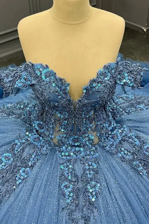 Ball Gown Off Shoulder Sleeveless 3D Flower Appliques Baded Sequins Ruffles Tiered Sparkly Blue Tulle Formal Evening Party Dress Quinceanera Dress For Sweet 16