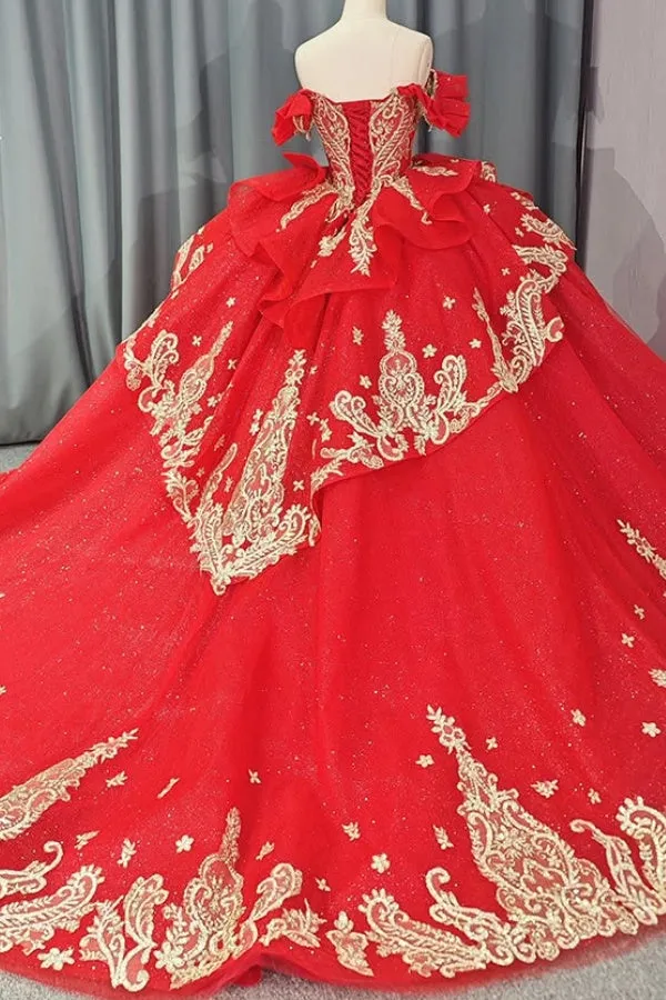 Ball Gown Off Shoulder Sleeveless 3D Flowers Beaded Sequins Gold Appliques Bow Knot Lace Up Sparkly Red Tulle Quinceanera Dress Birthday Party Dress For Sweet 16