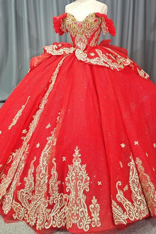 Ball Gown Off Shoulder Sleeveless 3D Flowers Beaded Sequins Gold Appliques Bow Knot Lace Up Sparkly Red Tulle Quinceanera Dress Birthday Party Dress For Sweet 16