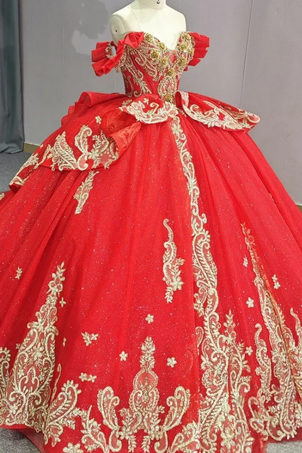 Ball Gown Off Shoulder Sleeveless 3D Flowers Beaded Sequins Gold Appliques Bow Knot Lace Up Sparkly Red Tulle Quinceanera Dress Birthday Party Dress For Sweet 16