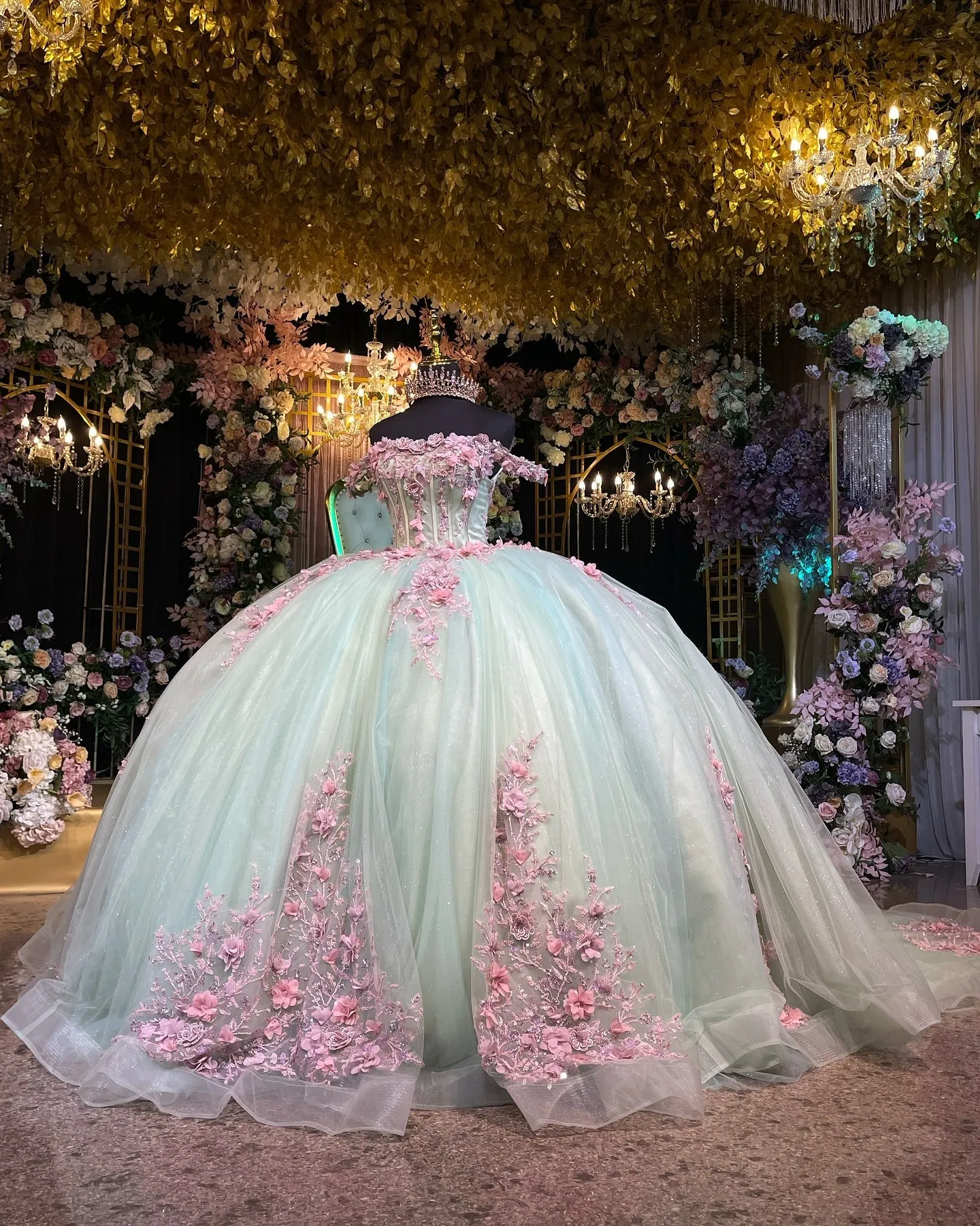 Ball Gown Off Shoulder Sleeveless 3D Pink Flowers Pleated Sparkly Tulle Quinceanera Dress Birthday Party Dress For Sweet 16