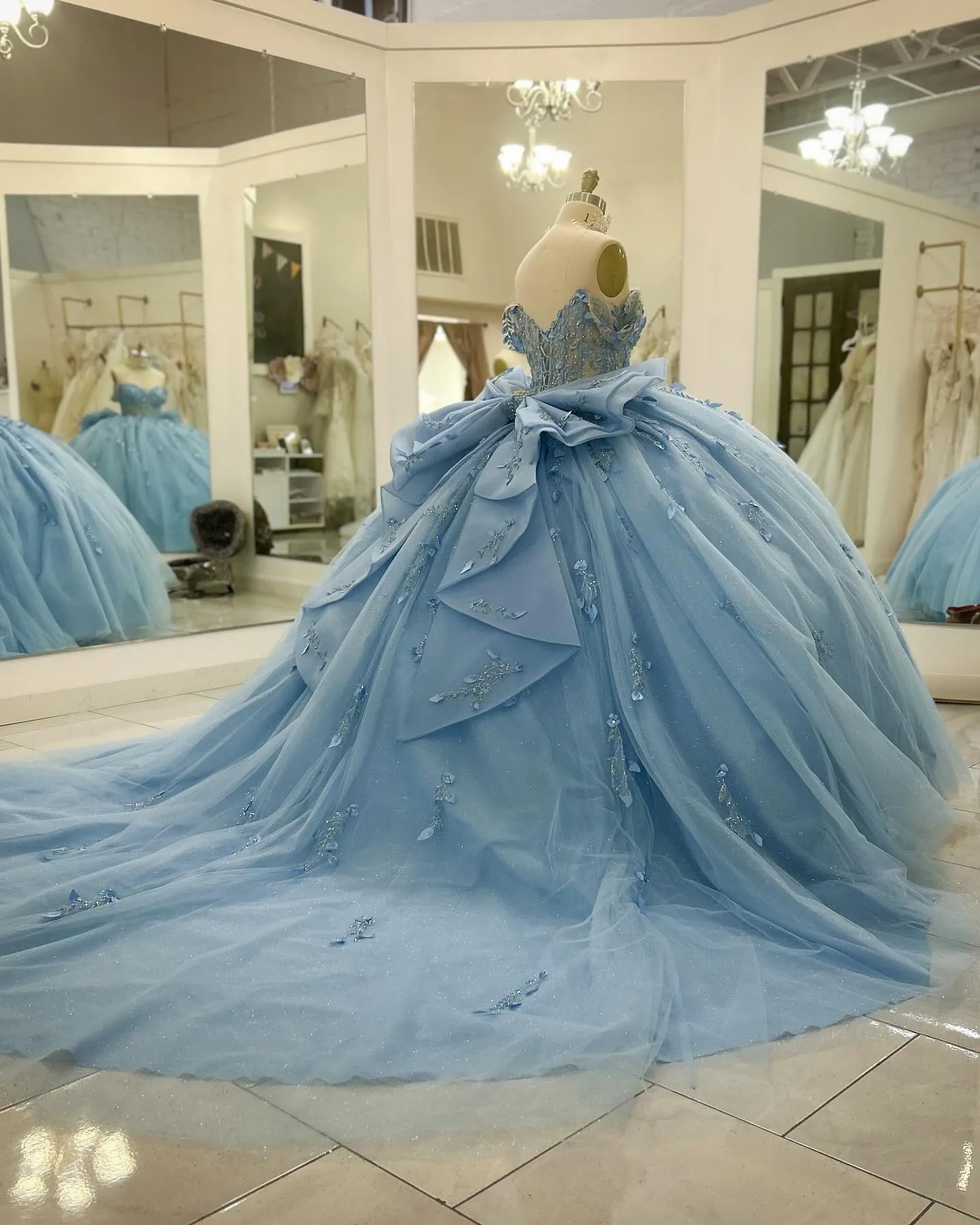 Ball Gown Off Shoulder Sleeveless Beaded 3D Flowers Appliques Bow Knote Tiered Sparkly Baby Blue Tulle Quinceanera Dress Formal Evening Gown Birthday Dress For Sweet 16