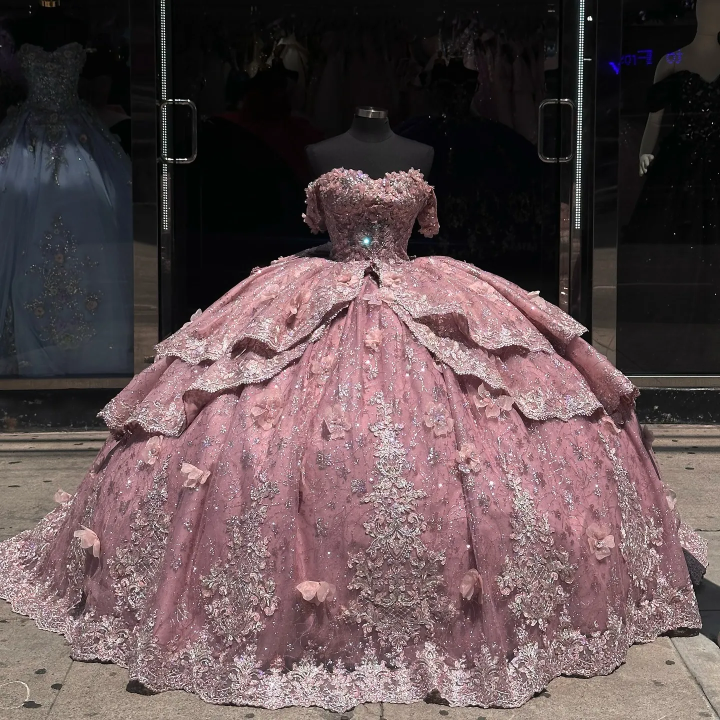 Ball Gown Off Shoulder Sleeveless Beaded Appliques 3D Flowers Ruffles Tiered Sparkly Pink Tulle Quinceanera Dress Birthday Party Dress For Sweet 16