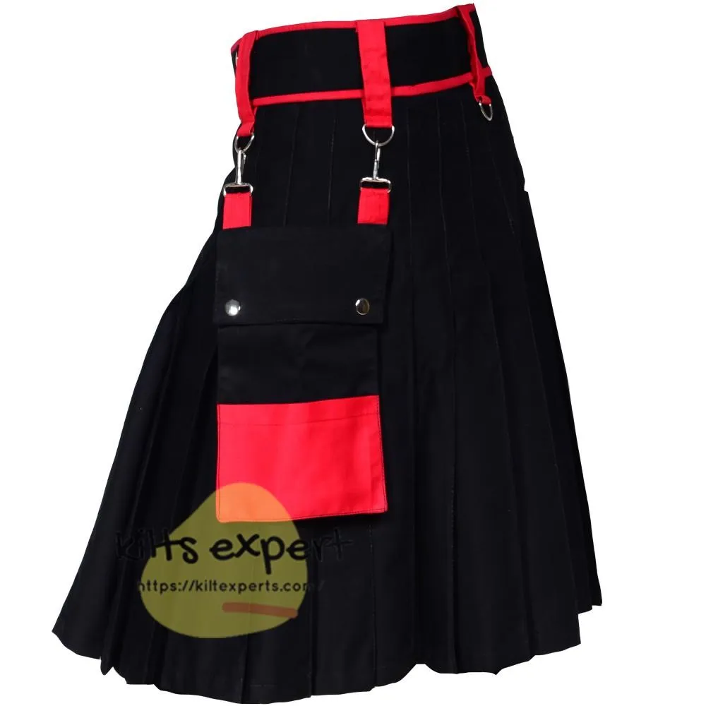Black & Red Fashionable Utility Kilts For Men