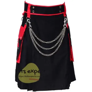 Black & Red Fashionable Utility Kilts For Men