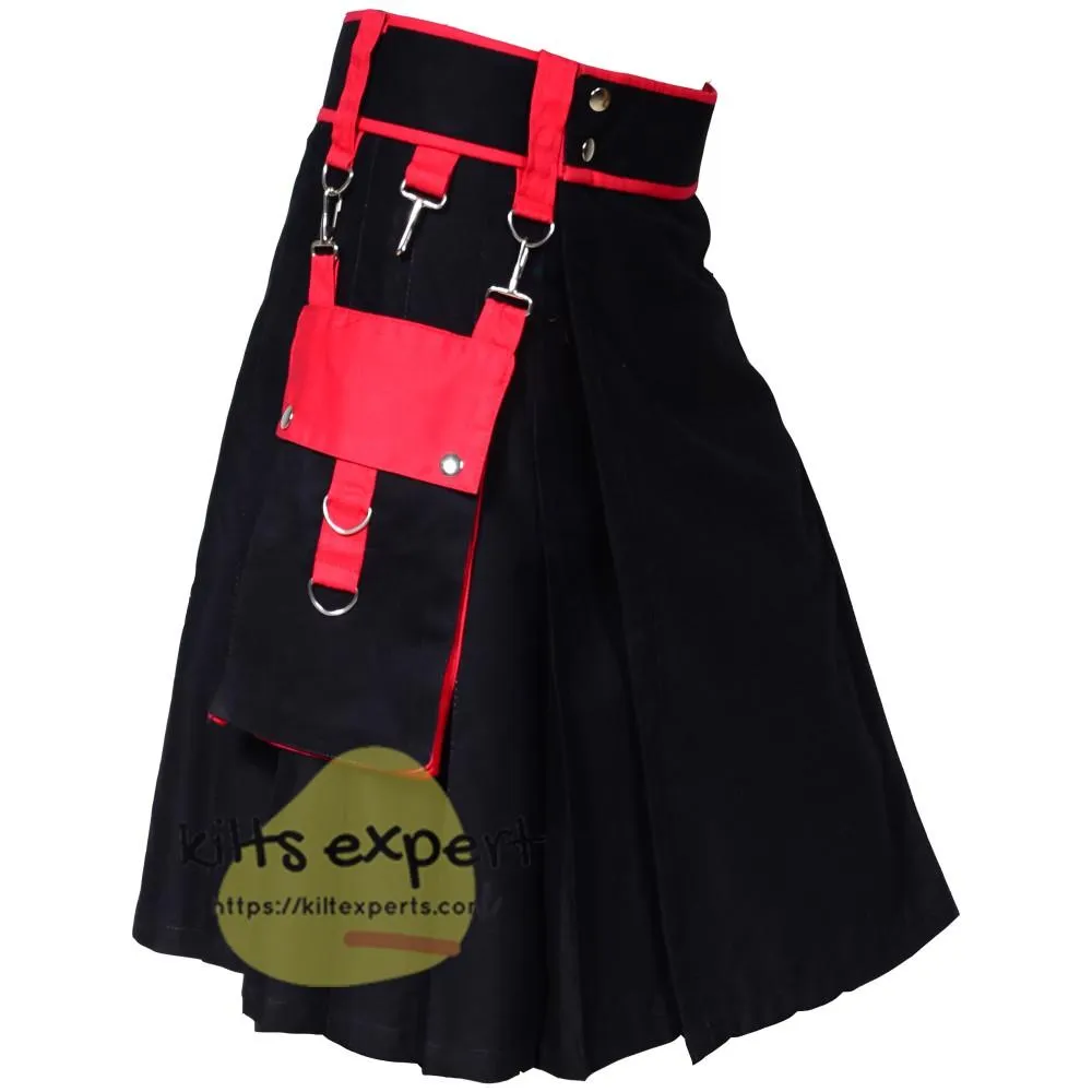 Black & Red Fashionable Utility Kilts For Men