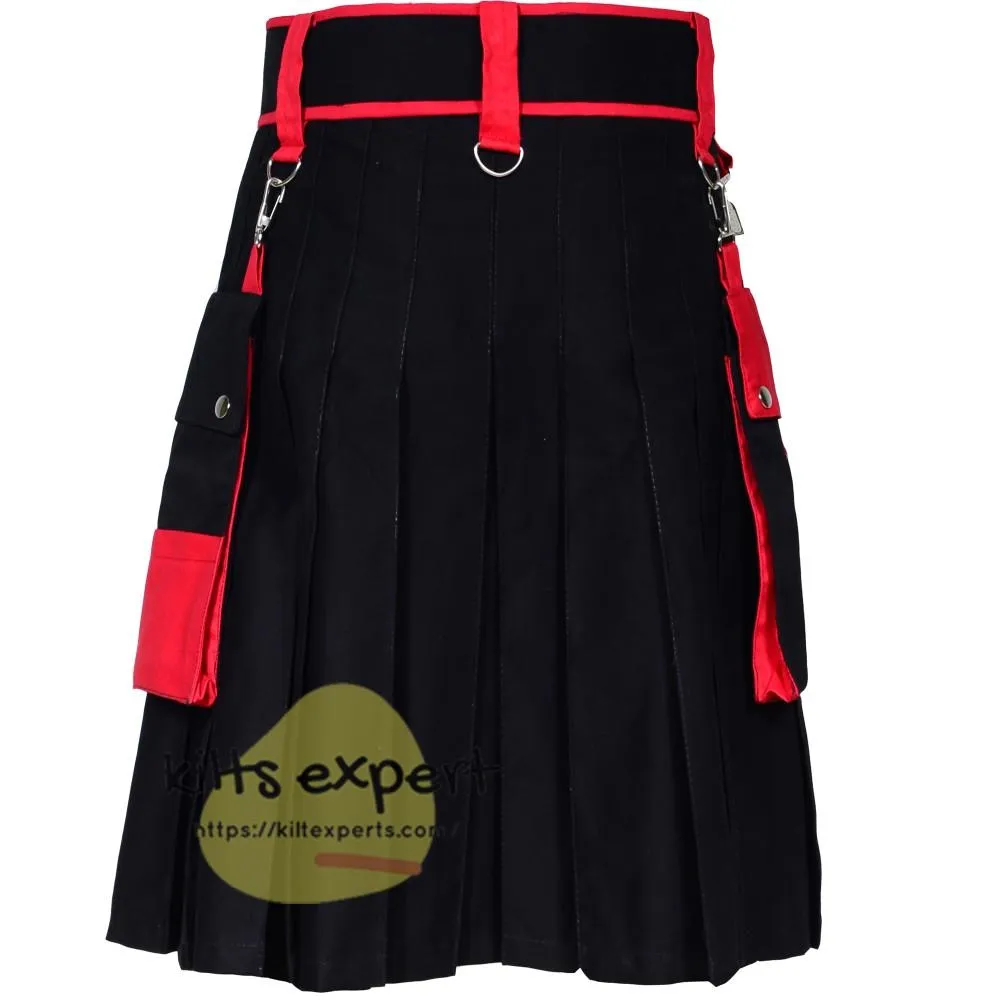 Black & Red Fashionable Utility Kilts For Men