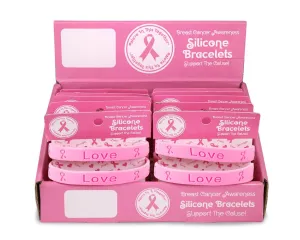 Breast Cancer Awareness Pink Ribbon Silicone Bracelet Counter Display (12 Cards)