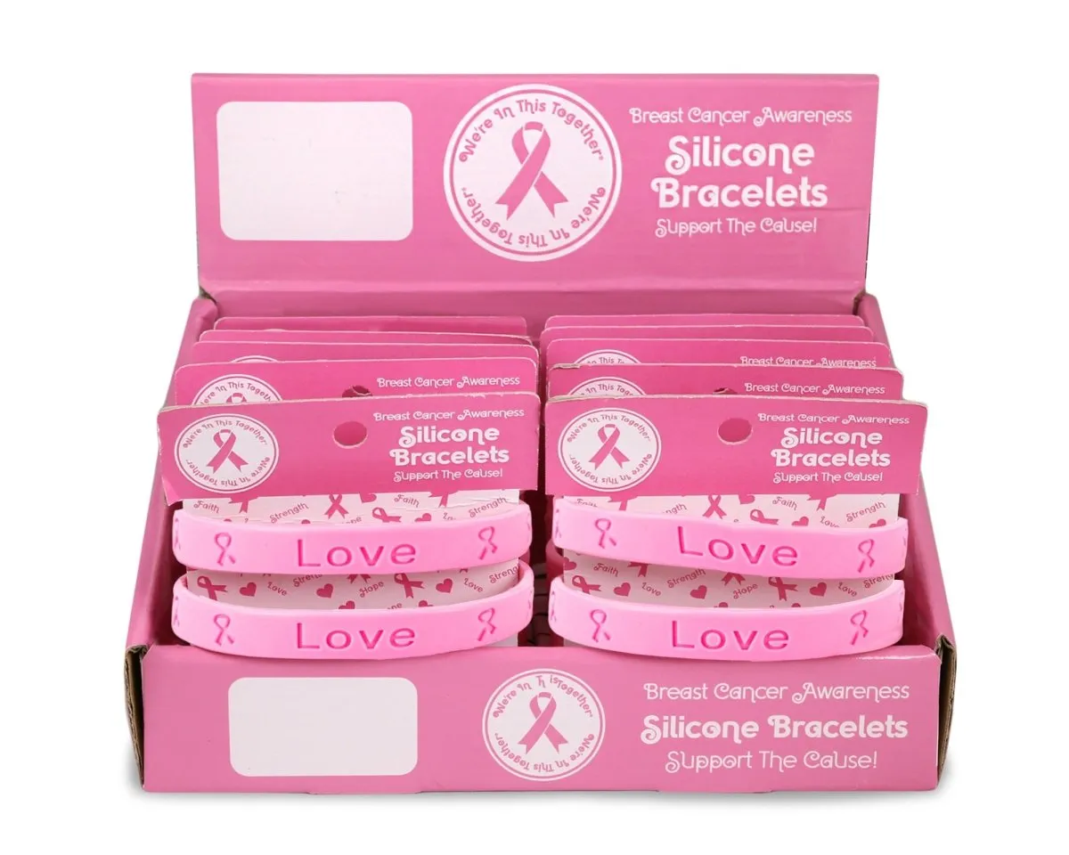 Breast Cancer Awareness Pink Ribbon Silicone Bracelet Counter Display (12 Cards)