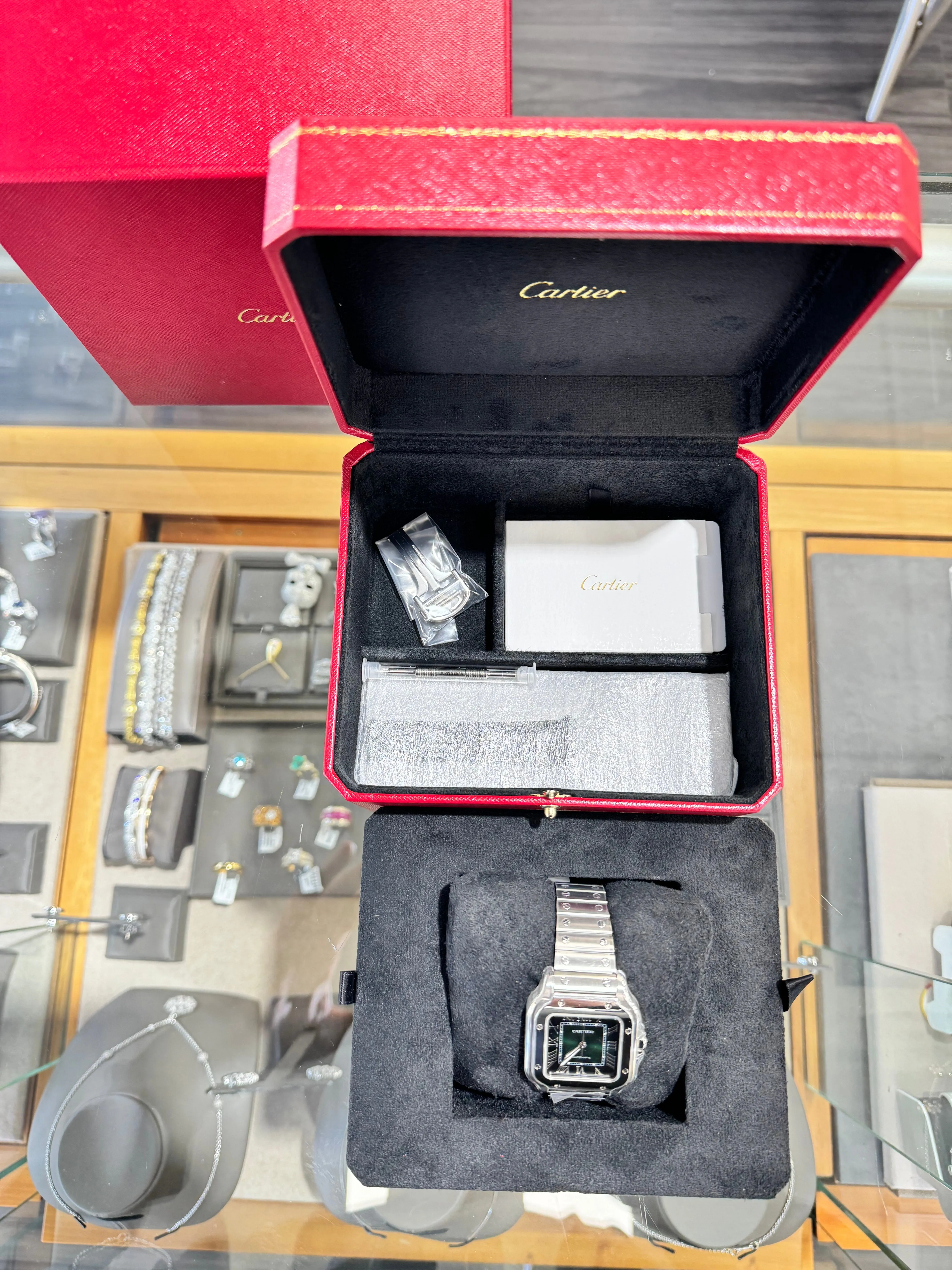 Cartier Santos WSSA0061 Medium Size Green Dial Box and Papers UNWORN