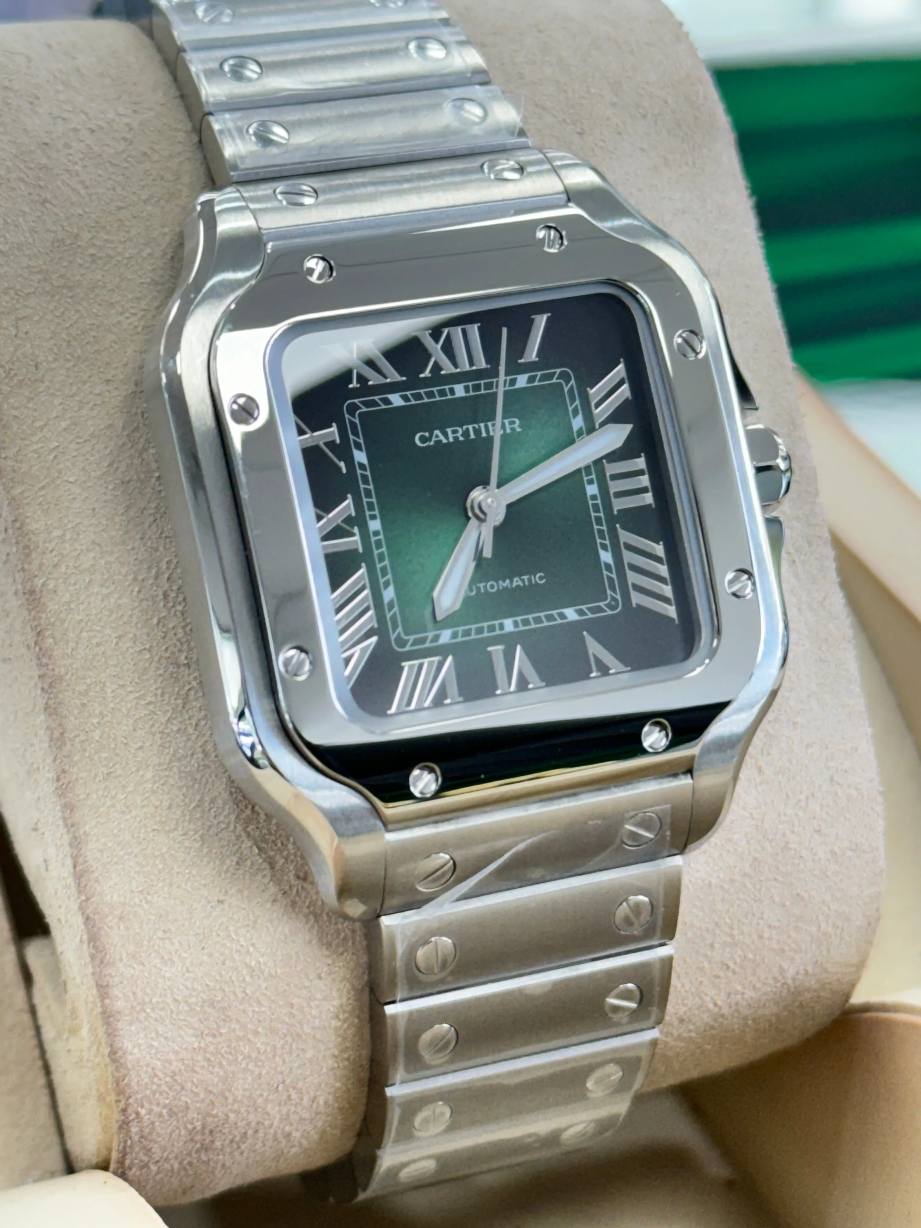 Cartier Santos WSSA0061 Medium Size Green Dial Box and Papers UNWORN