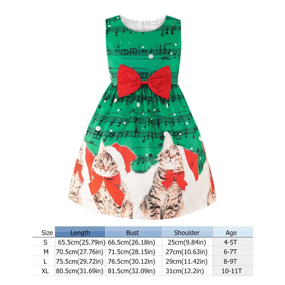 Children Girl Christmas Sleeveless Clothes Bowknot Cat Print Princess Dress