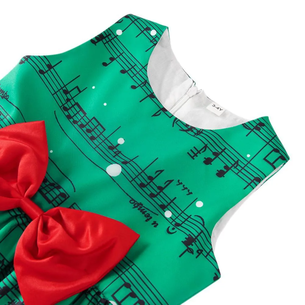 Children Girl Christmas Sleeveless Clothes Bowknot Cat Print Princess Dress
