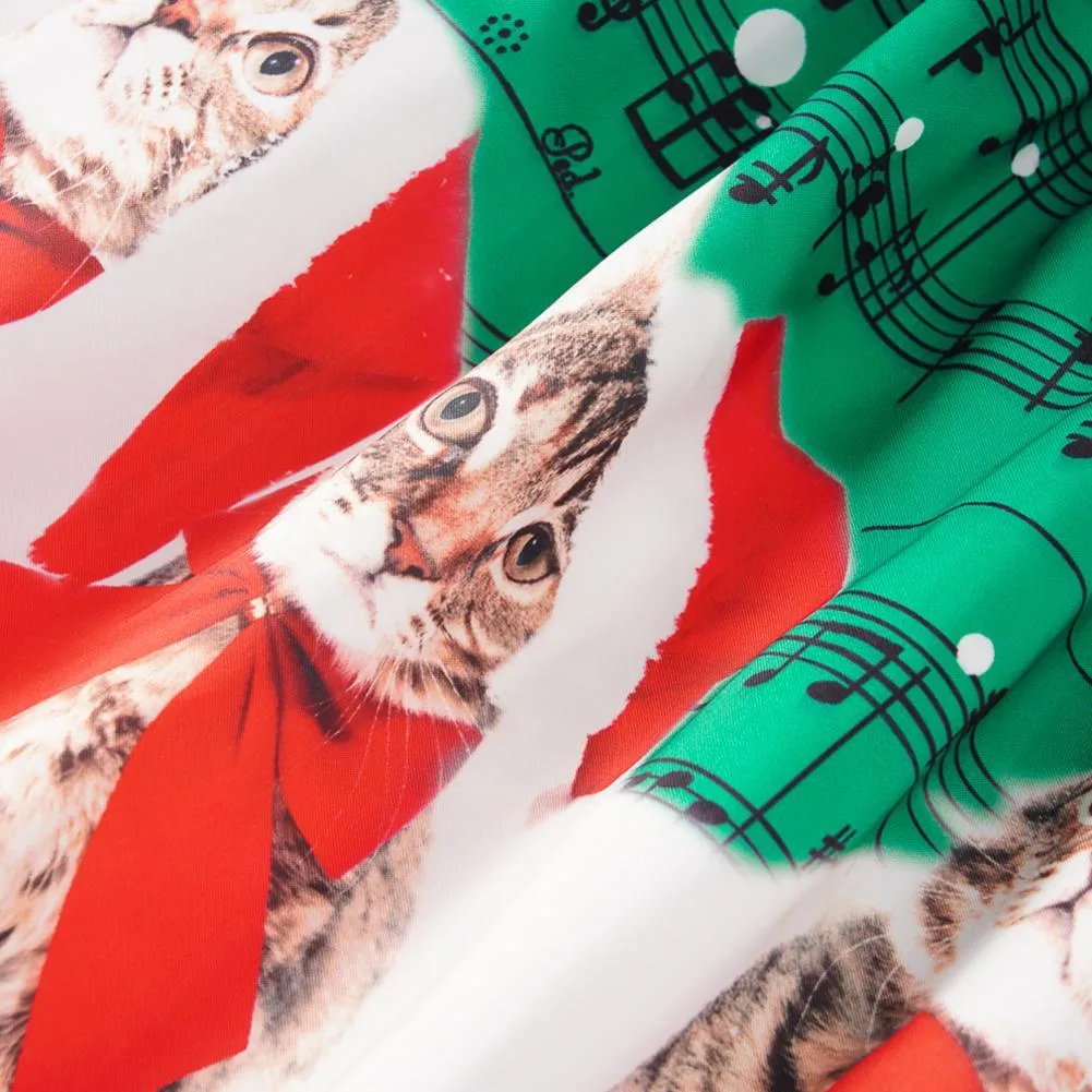 Children Girl Christmas Sleeveless Clothes Bowknot Cat Print Princess Dress