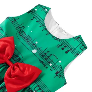 Children Girl Christmas Sleeveless Clothes Bowknot Cat Print Princess Dress