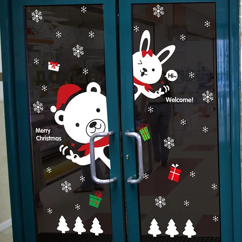 DIY Merry Christmas Wall Stickers Rabbit Bear Window Glass Festival Decals