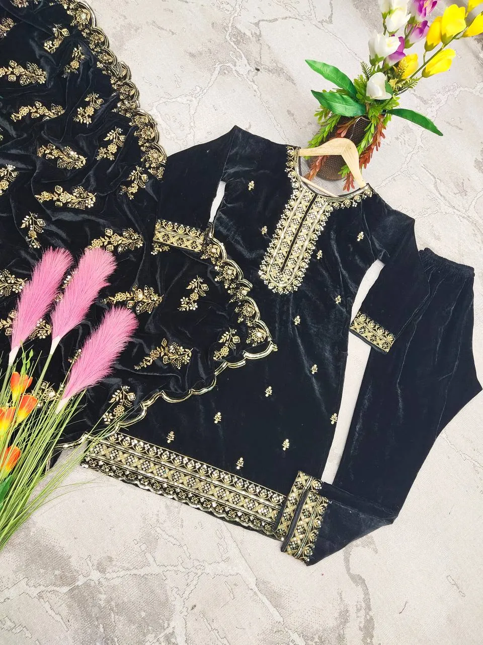 Fashionable Velvet Black Color Salwar Suit