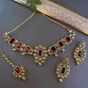 Gold Plated Traditional Kundan & Stone Studded Choker Necklace Jewellery with Earrings & Maang Tikka Set for Women