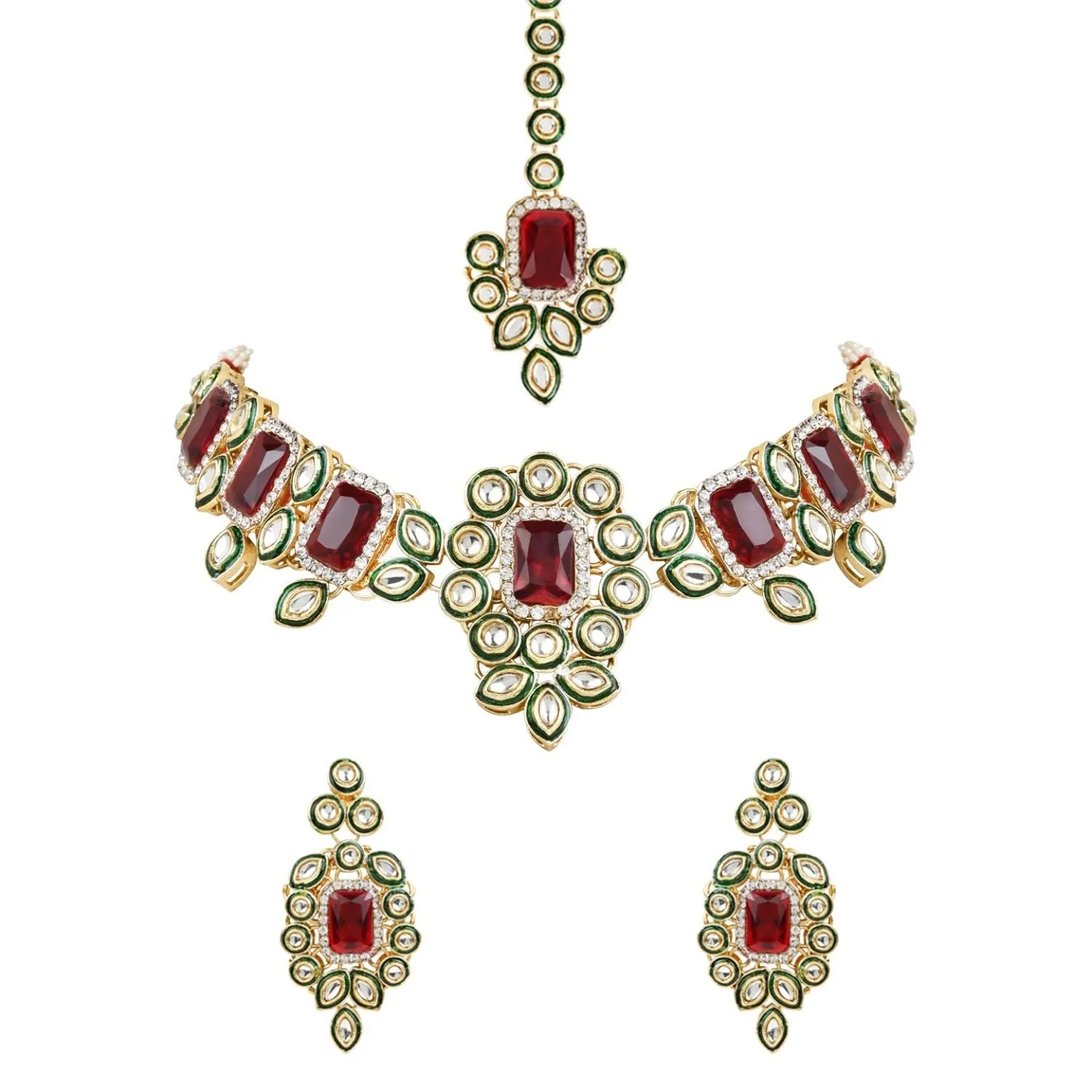Gold Plated Traditional Kundan & Stone Studded Choker Necklace Jewellery with Earrings & Maang Tikka Set for Women