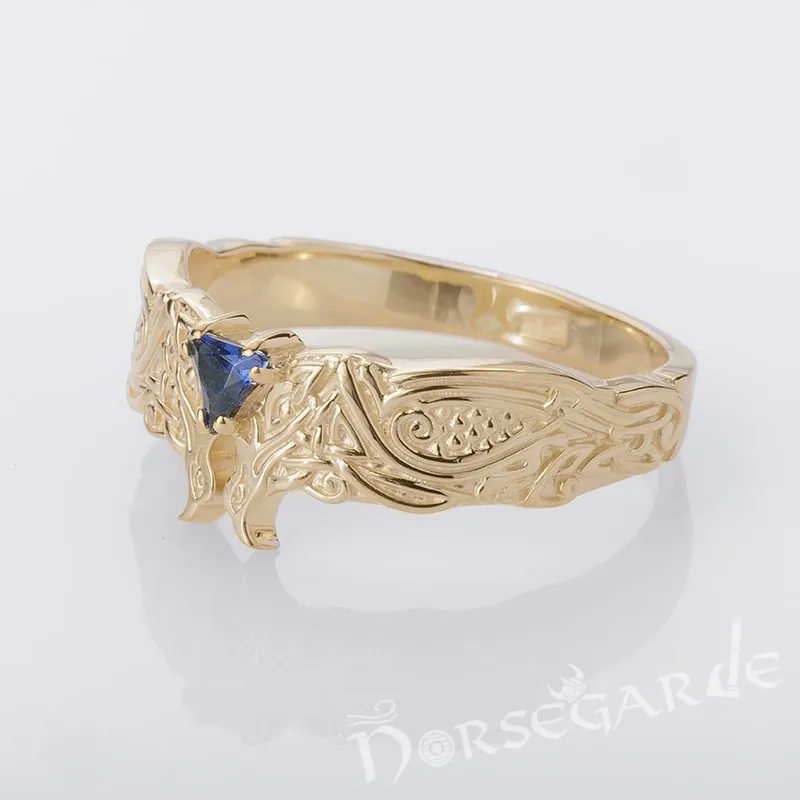 Handcrafted Celtic Ravens Gemmed Band - Gold with Gem