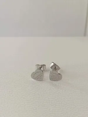 Heart Tag Stud Earrings in Silver