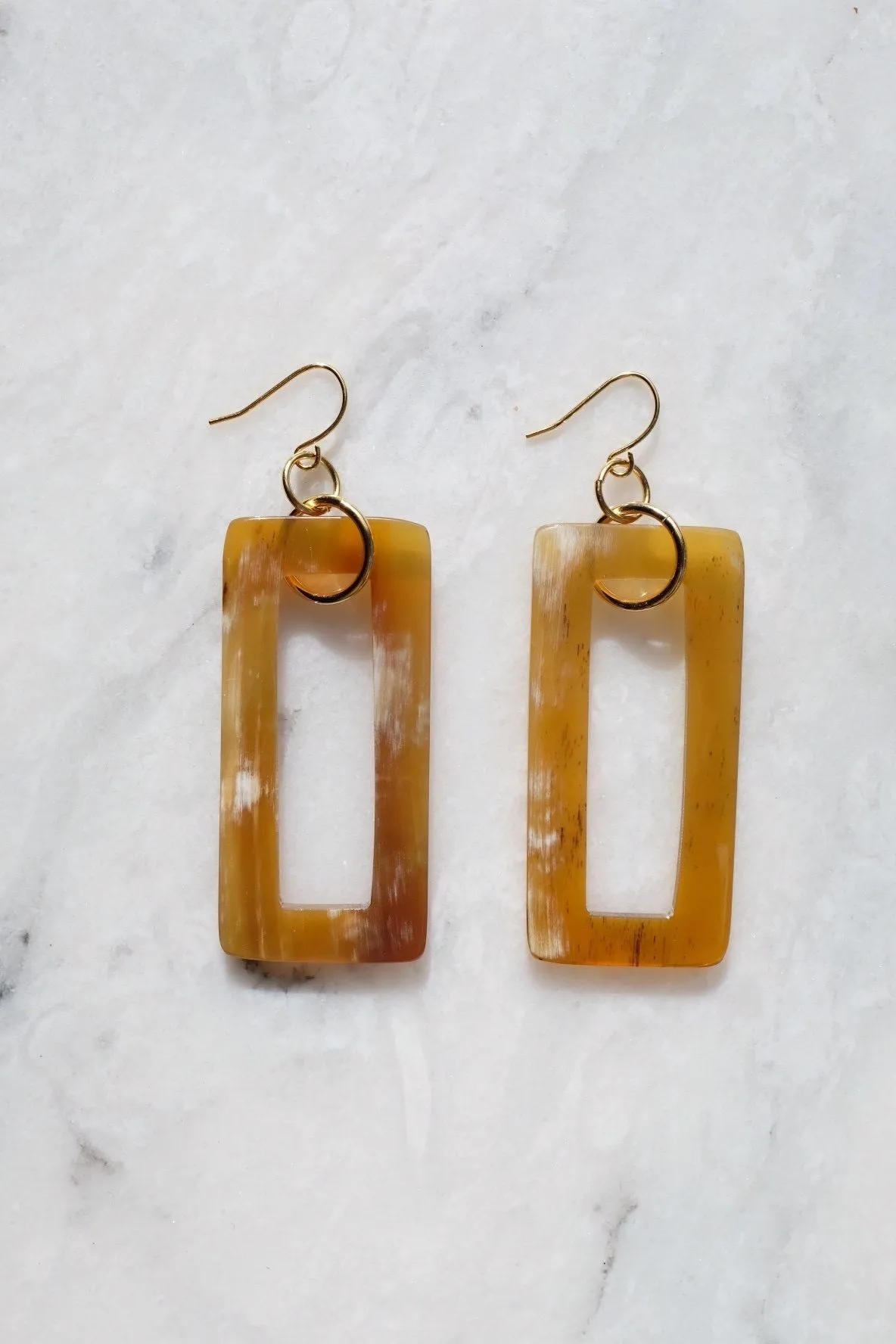 Hue 16K Gold Plated Rectangular Honey-Colored Buffalo Horn Earrings