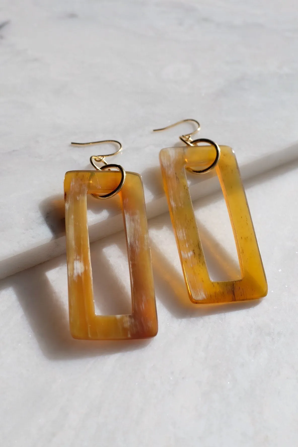 Hue 16K Gold Plated Rectangular Honey-Colored Buffalo Horn Earrings
