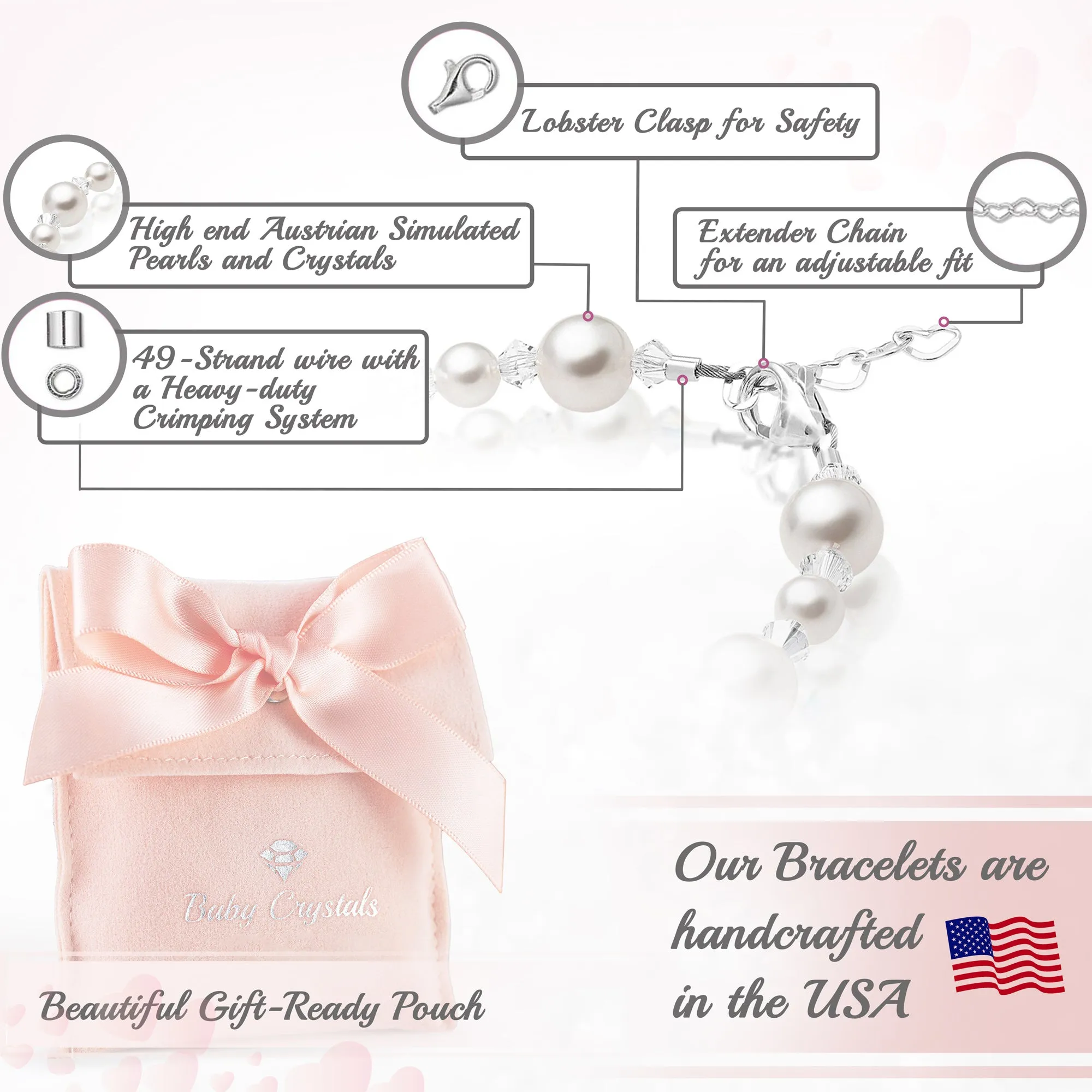 Infant Baby Girl Bracelet with White Pearl & Silver Daises