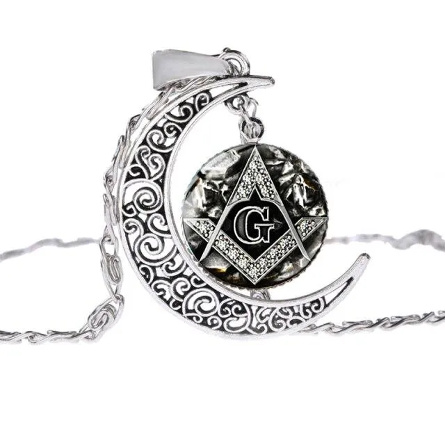 Master Mason Blue Lodge Necklace - Black & Silver Moon Shaped