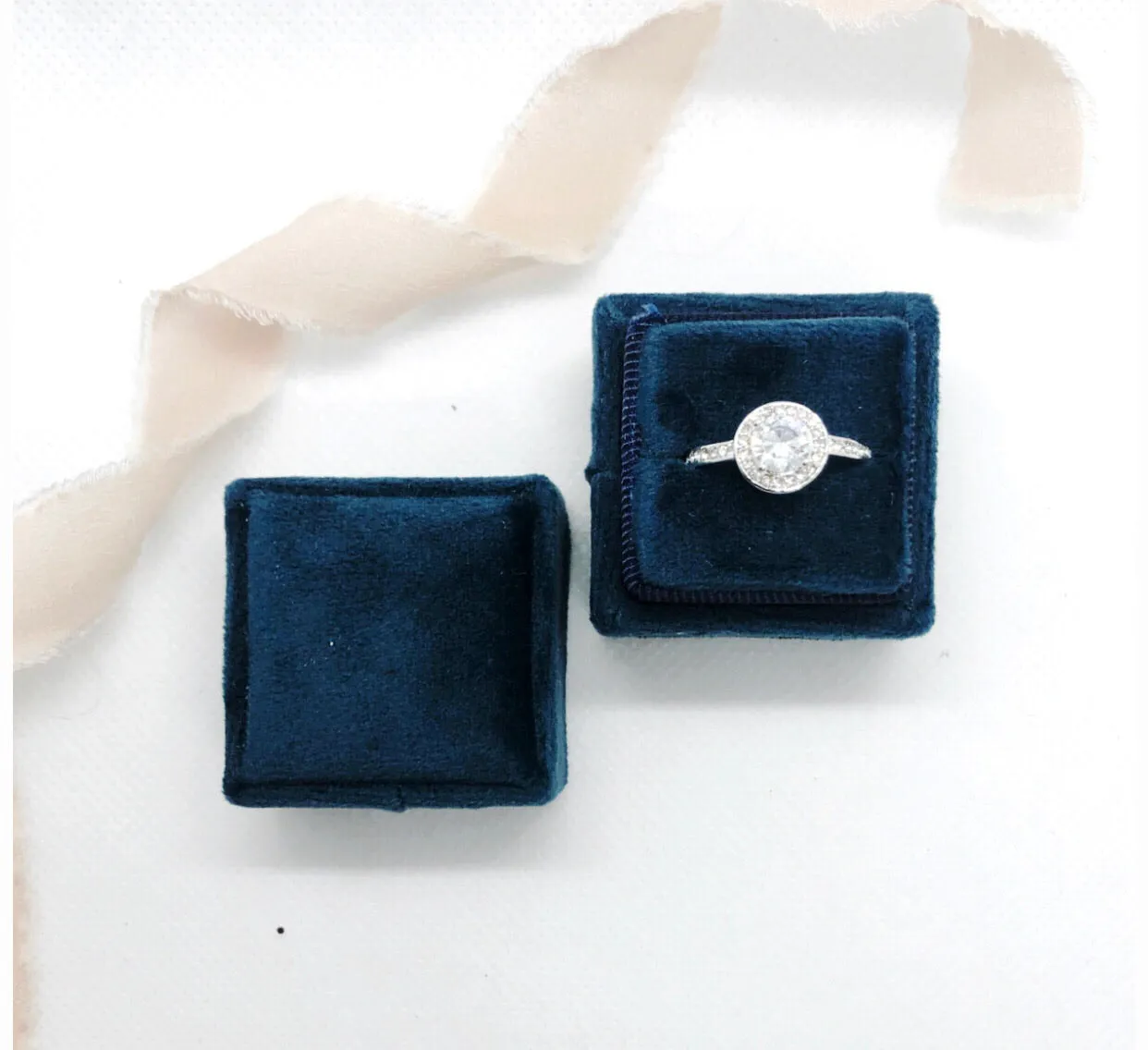 Navy Blue Velvet Square Ring Box
