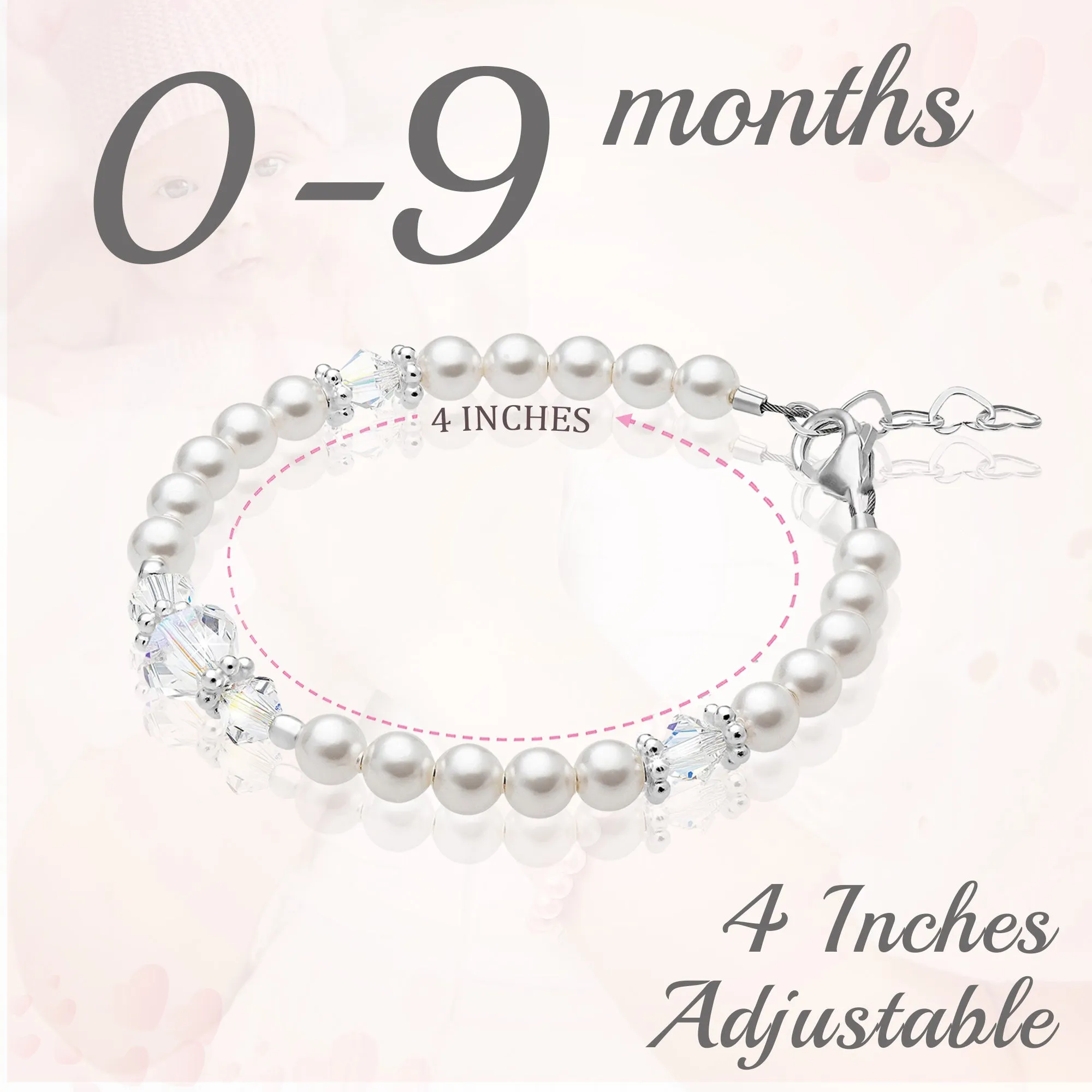 NewBorn Baby Girl Bracelet with Clear Crystals & white Pearls