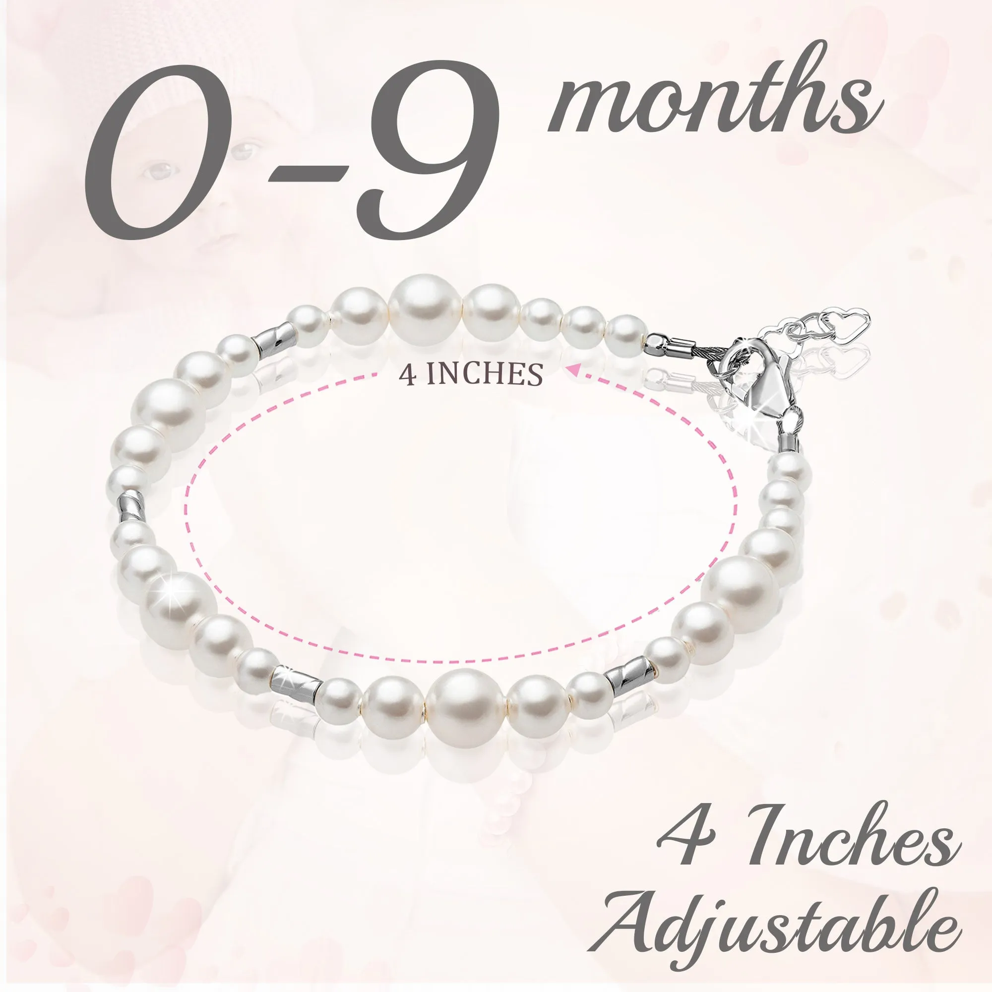 NewBorn Baby Girl Bracelet with White Pearl & Silver Crimps