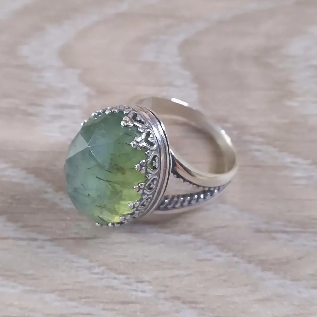 Rutilated Prehnite 925 Sterling Silver Cocktail Ring - Fenris