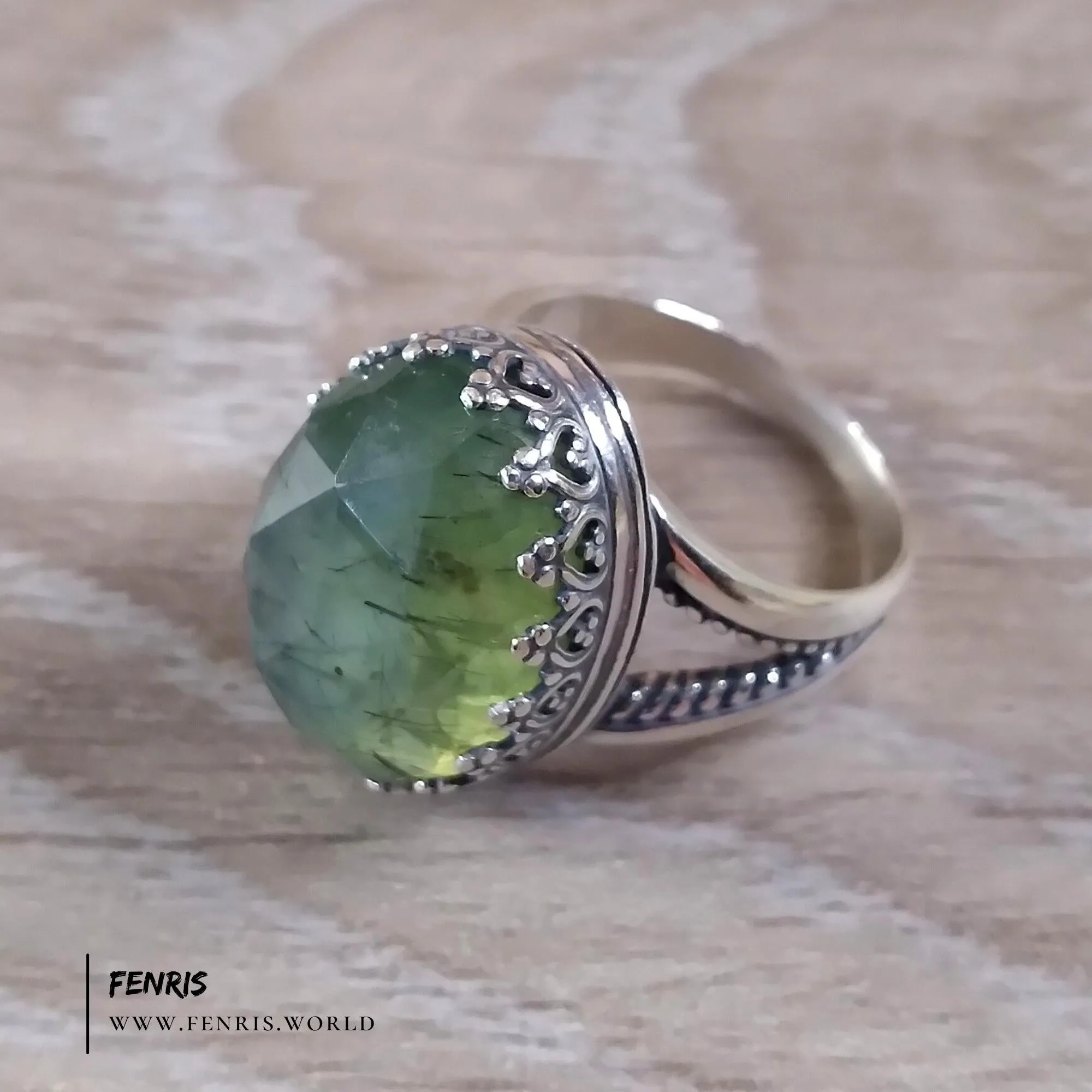 Rutilated Prehnite 925 Sterling Silver Cocktail Ring - Fenris