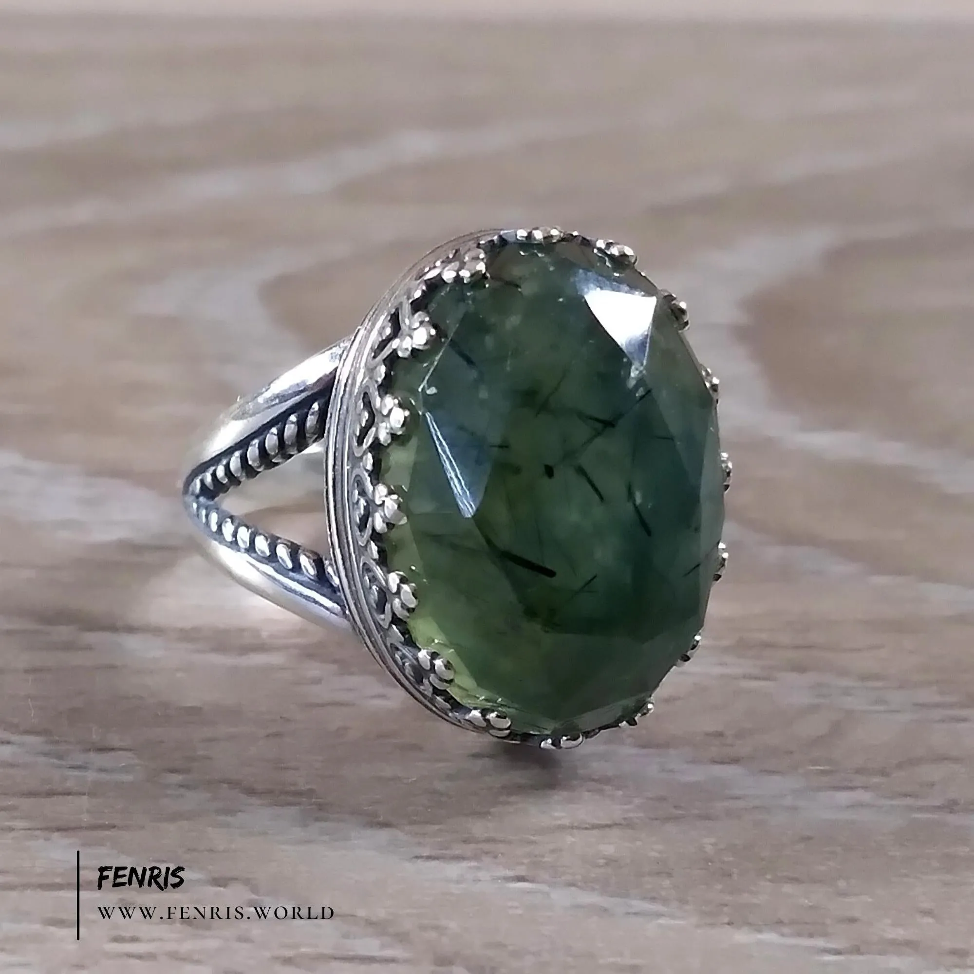 Rutilated Prehnite 925 Sterling Silver Cocktail Ring - Fenris