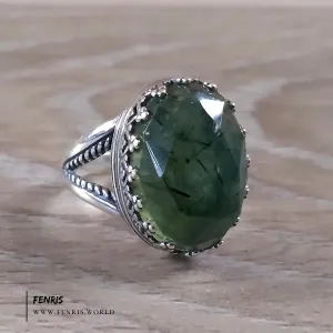 Rutilated Prehnite 925 Sterling Silver Cocktail Ring - Fenris