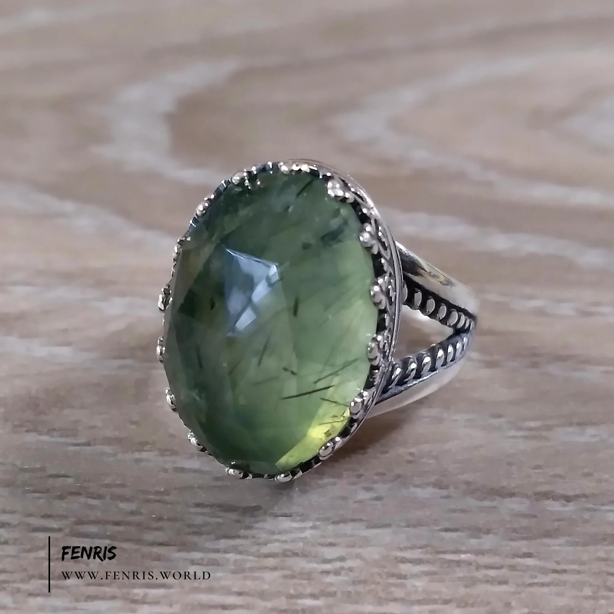 Rutilated Prehnite 925 Sterling Silver Cocktail Ring - Fenris
