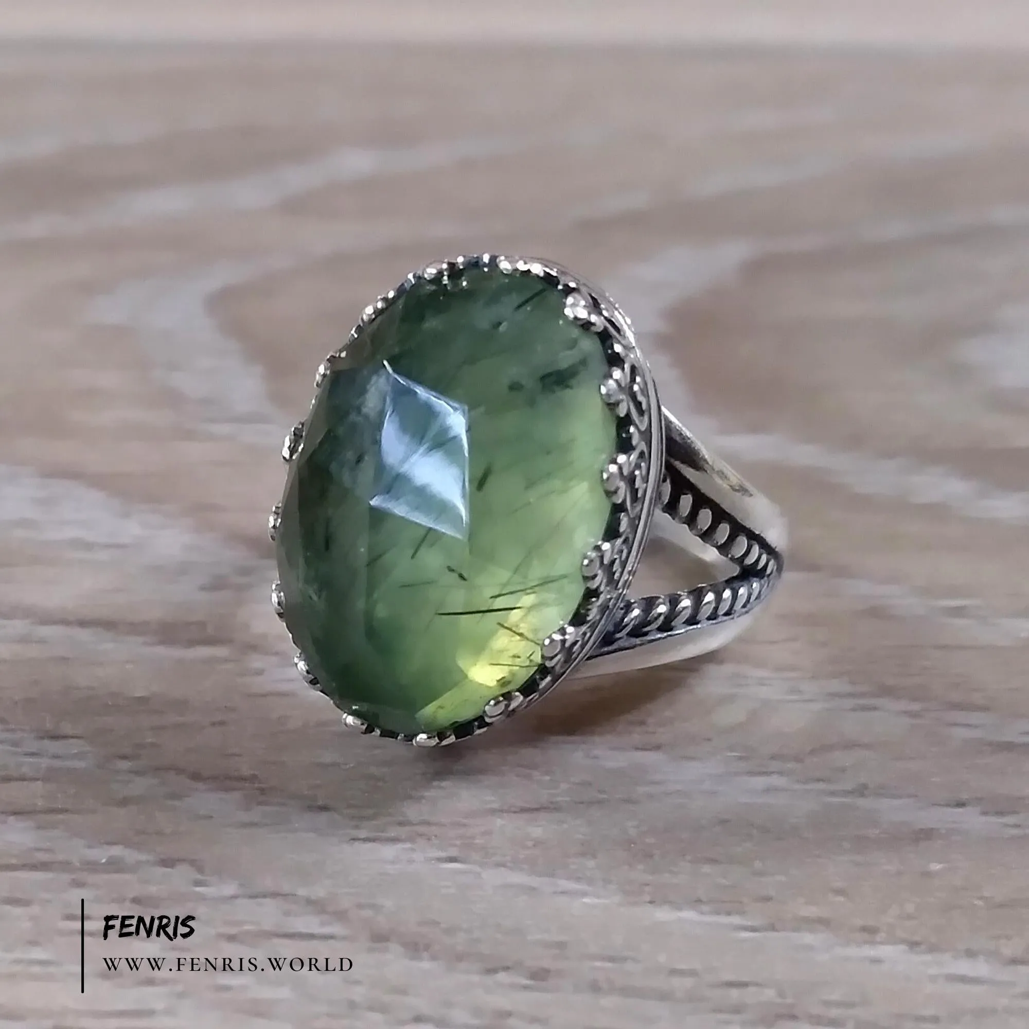 Rutilated Prehnite 925 Sterling Silver Cocktail Ring - Fenris