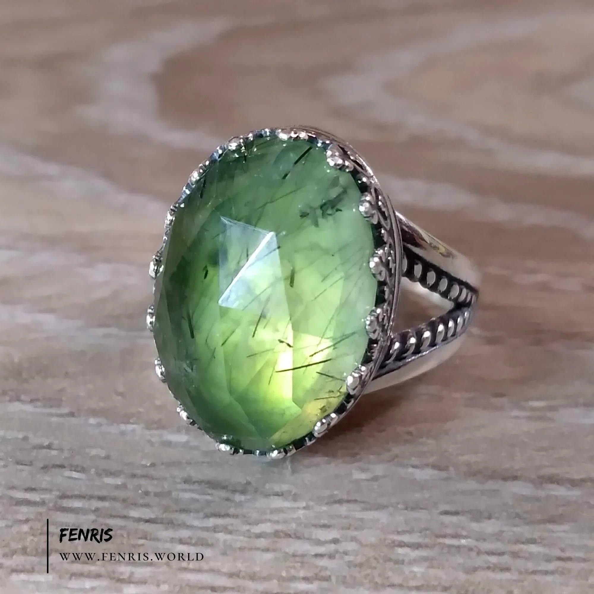 Rutilated Prehnite 925 Sterling Silver Cocktail Ring - Fenris
