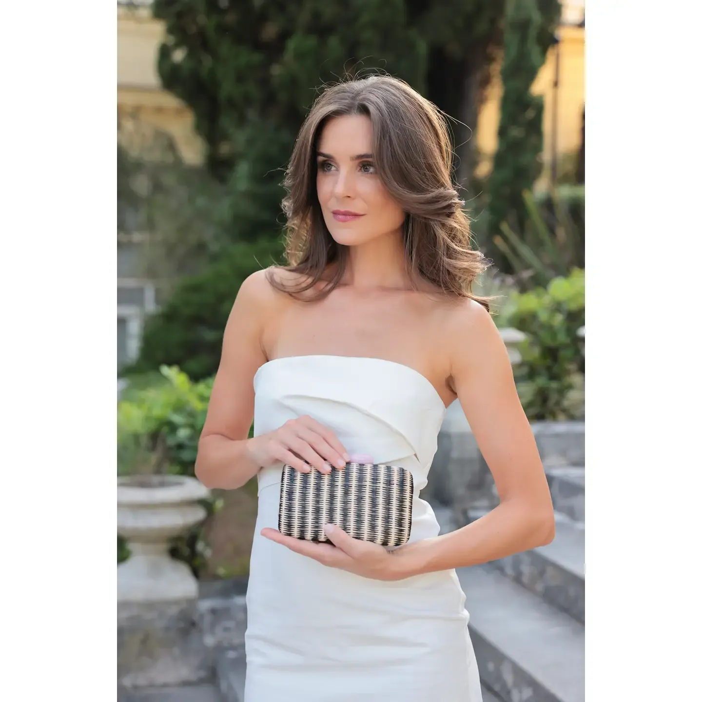 Scala Minaudire  Black & Natural Woven Clutch with Gemstone Closure